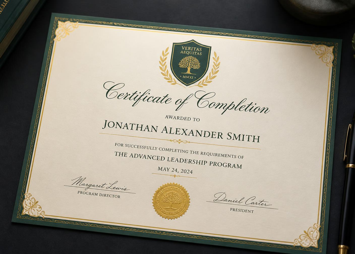 Elegant LCTI certificate of completion with forest green border and gold accents