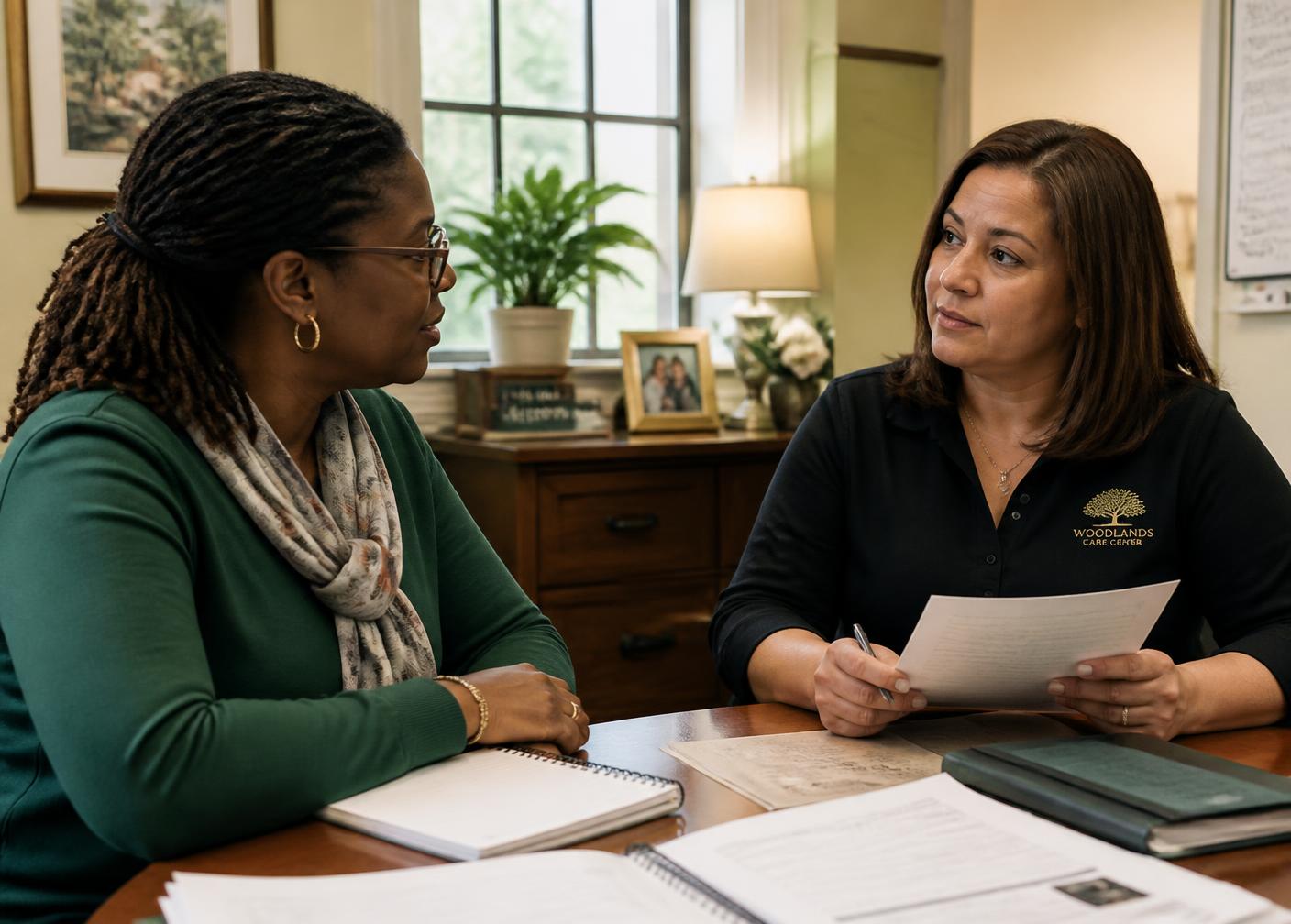 Two care facility leaders reviewing staff development plans together